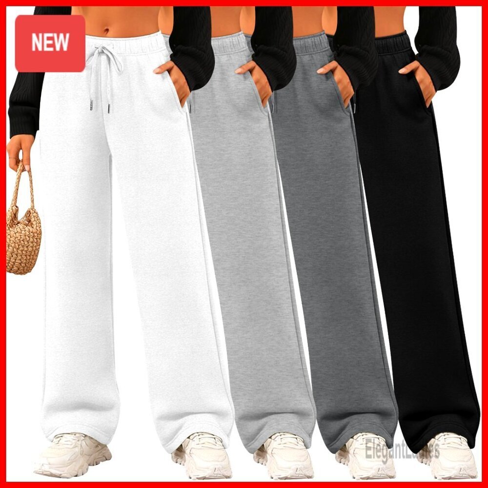 4 Pack Wide Leg Sweatpants with Pockets, Elastic Waist, Lounge Joggers